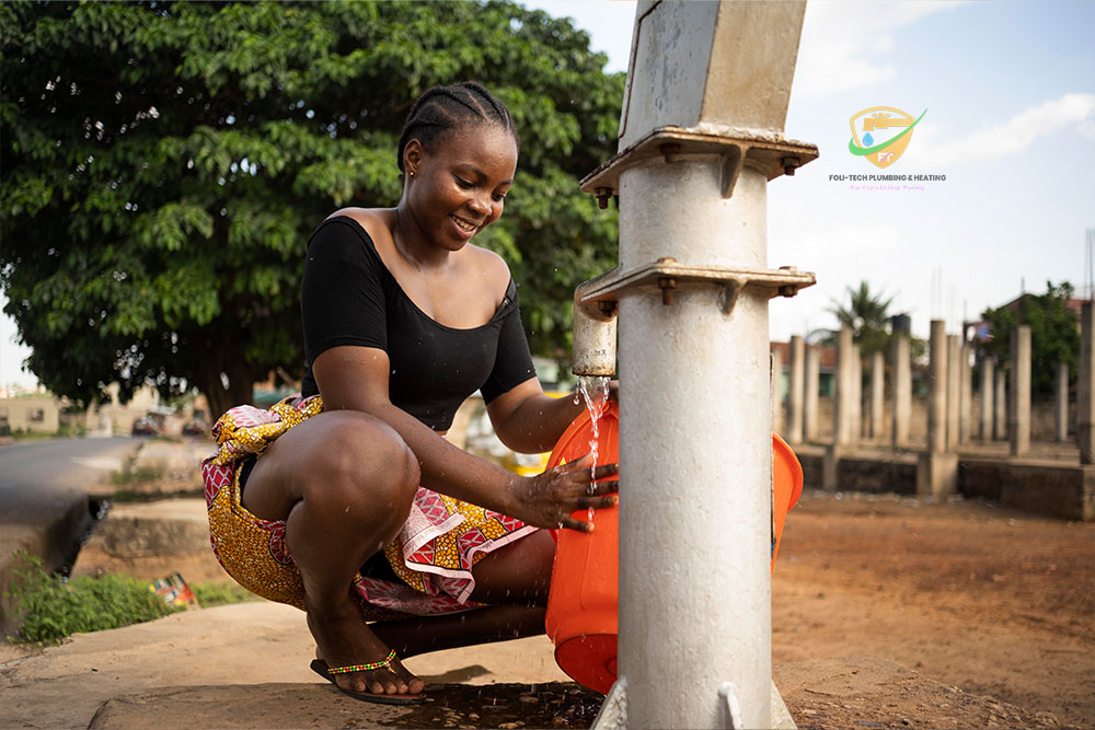 Technician operating a borehole drilling rig on a farm in Ghana, preparing for pump installation – Foli-Tech Plumbing & Heating’s water solutions team.