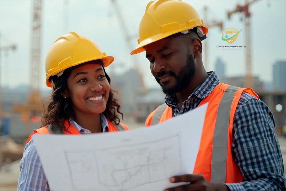 Foli-Tech engineers supervising a building site in Ghana with cranes, concrete mixers, and architectural plans – construction and engineering services in Ghana.